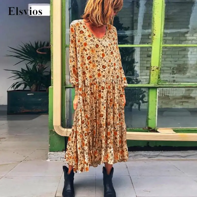 

Женское винтажное платье с цветочным принтом, длинным рукавом и круглым вырезом