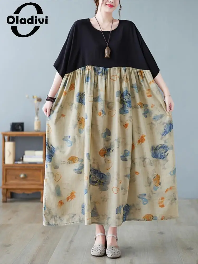 

Oladivi Big Size Women Fashion Print Short Sleeve Casual Loose Patchwork Dress 2022 Summer Vintage Ladies Oversized Dresses 5319