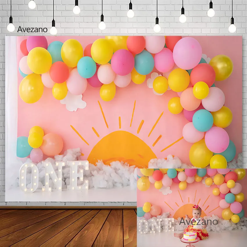 

Pink Balloon Sun Photography Background Newbown Girl 1st Birthday Portrait Cake Smash Backdrop Decor Photo Studio Photozone