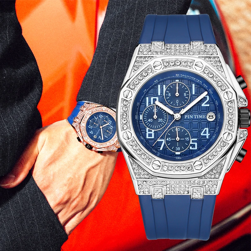 

Мужские Роскошные часы 46 мм Циферблат синий ремешок модные спортивные часы мужские повседневные часы с датой часы из нержавеющей стали