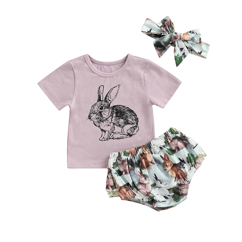 

Летний Пасхальный костюм для маленьких девочек, топы с коротким рукавом и мультипликационным принтом кролика + кружевные лоскутные шорты с оборками и цветочным рисунком + повязка на голову