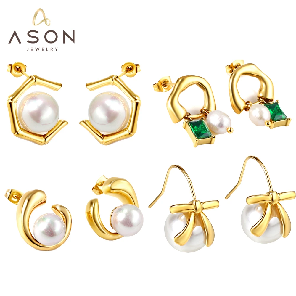 

ASONSTEEL Stainless Steel Imitation Pearl Stud Earrings Trendy Gold Color Geometric Earrings pendientes de acero inoxidab 2023