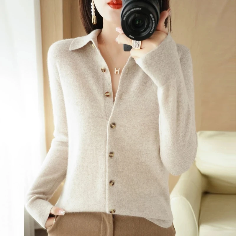 

Spring And Autumn New Worsted Wool Knit Cardigan SweaterWomen Lapel Solid Sweater Fashion Temperament Thin VersatileTops