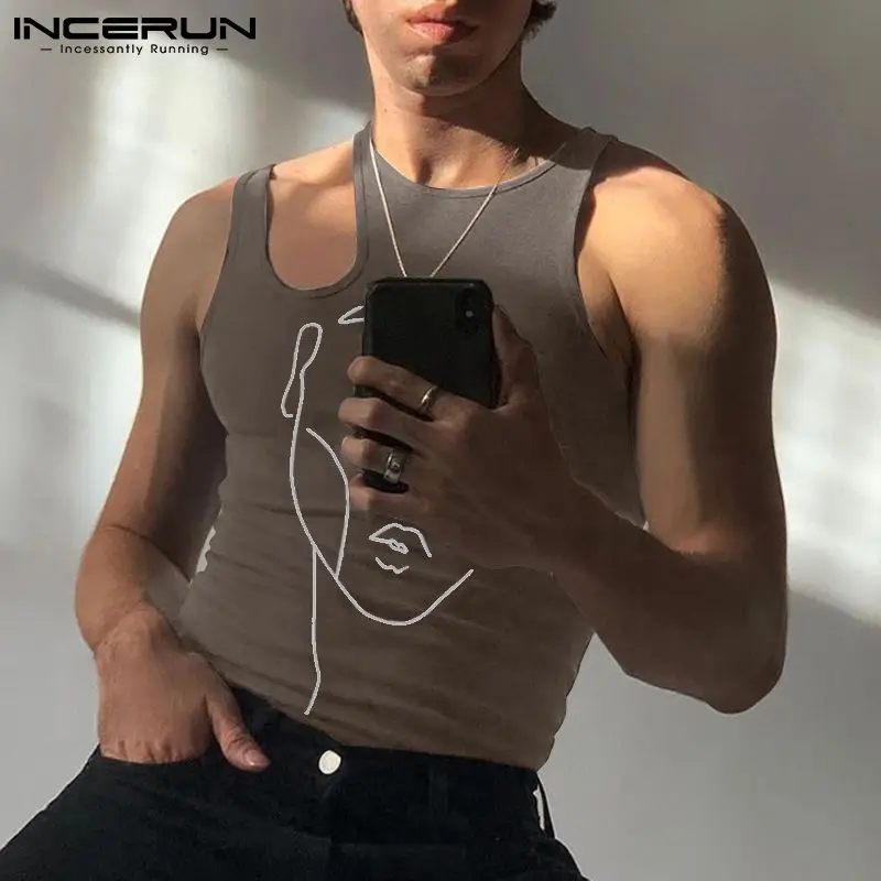 

INCERUN American Style Tops 2022 New Men's Face Printing Waistcoat Stylish Male Hot Sale Shoulder Cutout Streetwear Vests S-5XL