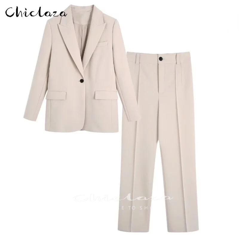 CHICLAZA Women 2022 Spring Autumn Fashion Chic Button 2 Piece Set Office Lady Blazer Jacket & Pants Suit Casual Female Trousers
