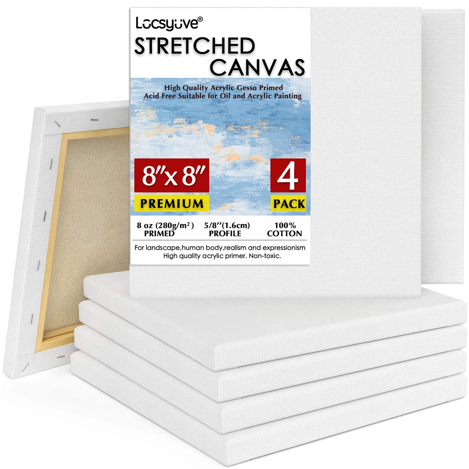 

Locsyuve Stretched Canvas, Pack of 4, 8x8 Inches, Square White Canvas, 100% Cotton, 8 Oz Gesso-Primed, Art Supplies Mini Canvas
