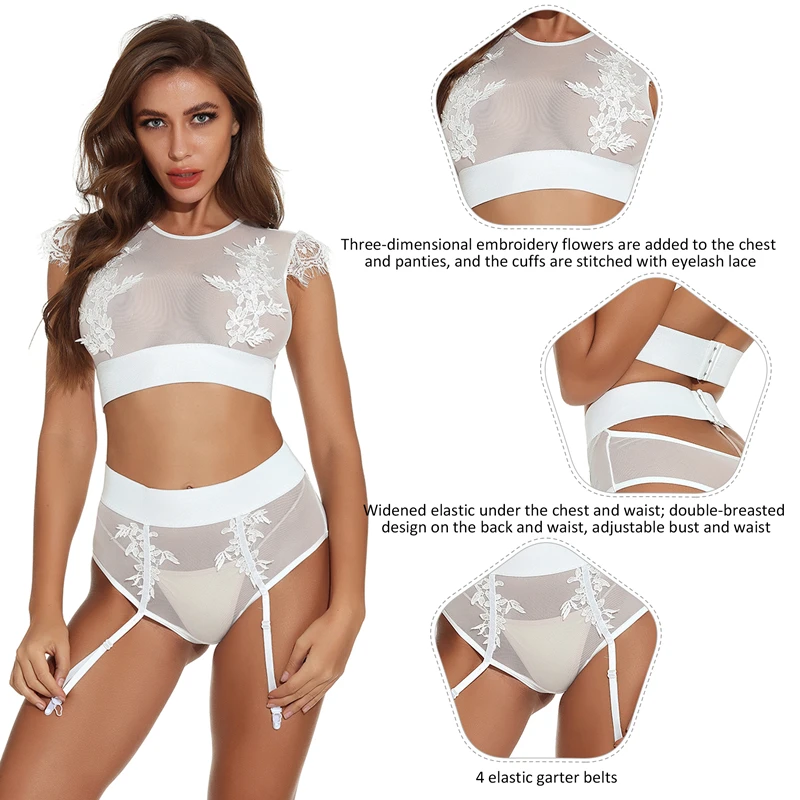 Comeondear Women's Lingerie Set Lace Mesh Bra Transparent Thong Garter Belt Sexy Short Sets Embroidery Hot Underwear Brief Sets