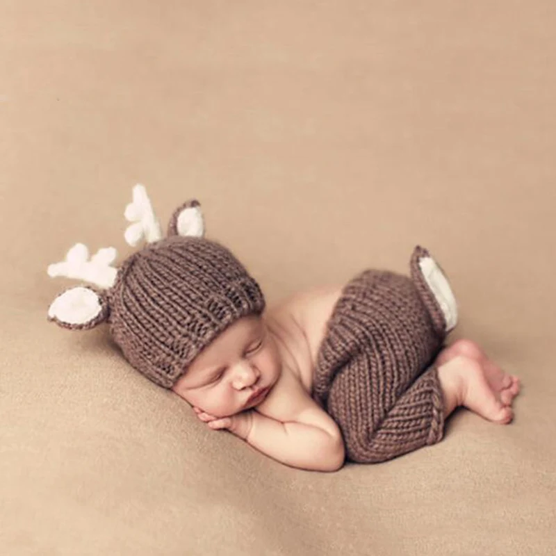 Photography Props Baby Newborn Outfit Cute Deer Hat Pants Knitted Clothes Designer Baby Clothing Shooting Photo Bebe 0-6 Months