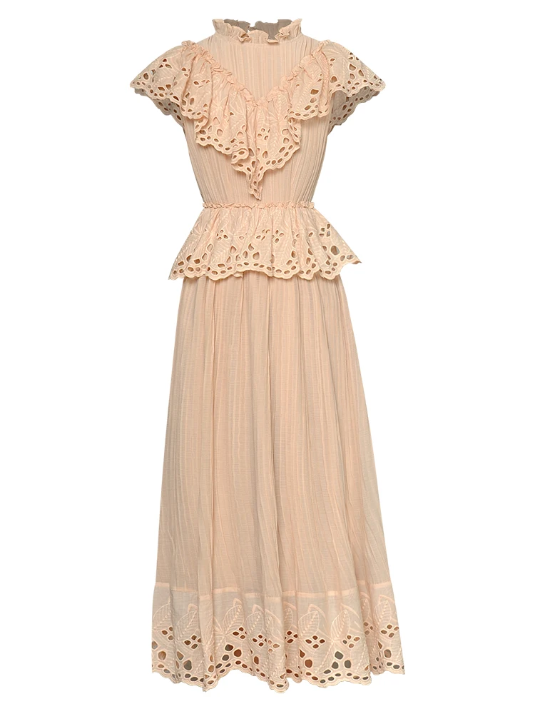 

Long Dress Summer New High Quality Women's Vintage Elegant Chic Casual Party Office Vacation Hollow out Pleated Fashion Dresses