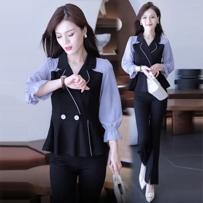 

2 Piece Sets Women Outfits Fashion Turn Collar Patchwork Top & Flare Pants Office Lady Pantsuits Oversize High Quality 2023 New