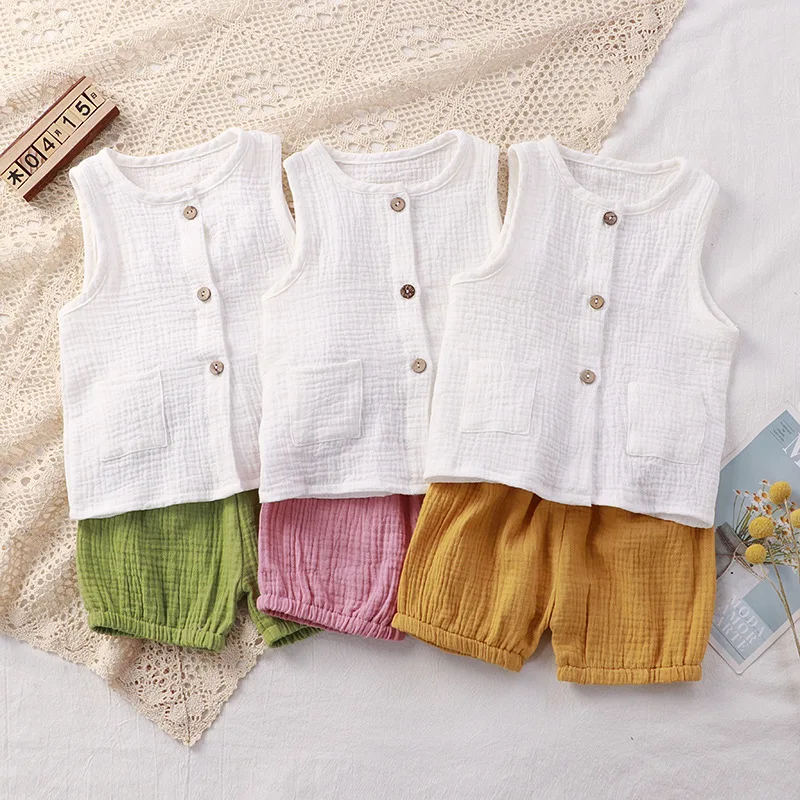 

Kids Clothes Boys and Girls Summer Casual Sets Unisex Breathable Pocket Sleeveless Cotton Baby Clothing
