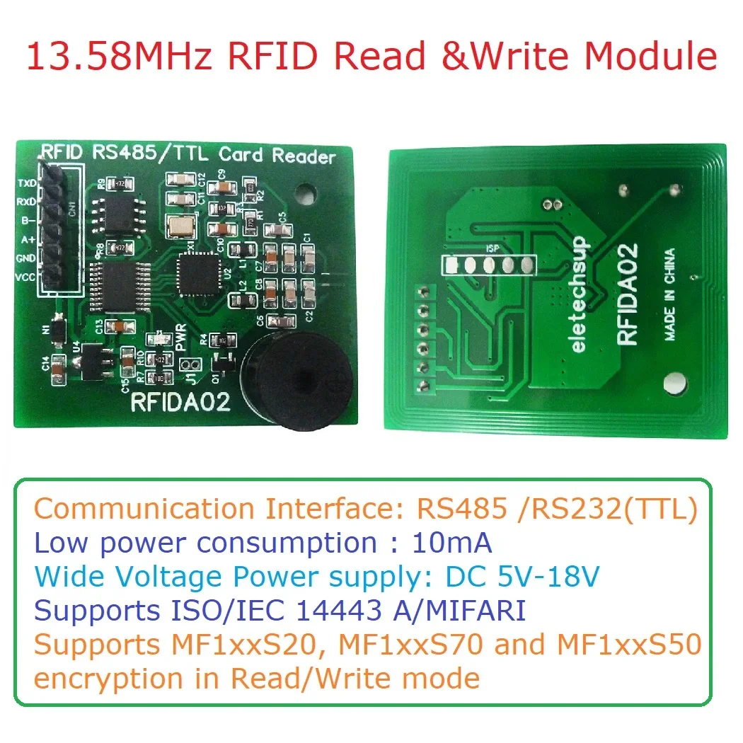 RFIDA02 RS485 RS232 UART 13 56 МГц RFID-считыватель-писатель RC522 CV520 NFC UID IC-карта для Arduino Uno Mega pi
