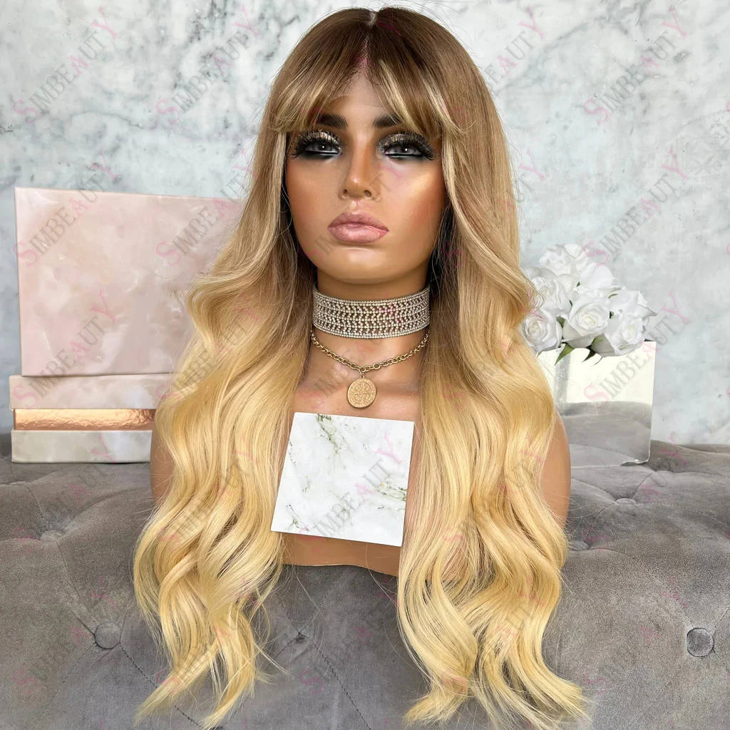 

Bangs Body Wave Blonde Ombre 200 Density Brazilian Remy 13X6 Lace Front Human Hair Wigs Preplucked 13X4 Lace Frontal Wig Fringe