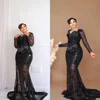 2022 black mermaid womens evening dresses corset top sequin celebrity dress beading long sleeve vestido de novia