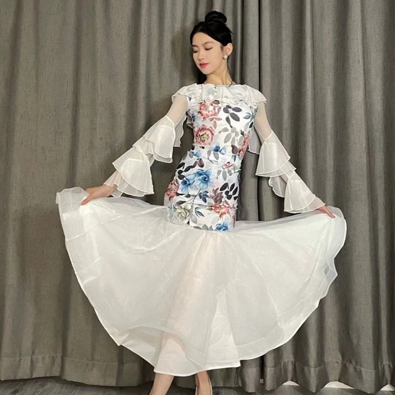 Женское платье для бальных танцев с открытыми плечами и цветочным принтом |