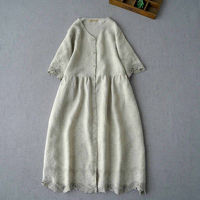 104cm Bust Summer New Women Brief Loose Plus Size Mori Kei Girl Fashion Full Embroidered Comfortable Water Washed Linen Dresses