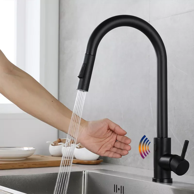 

Black Sensor Kitchen Faucet Cold and Hot Pull Out Two Function Deck Mounted Tap With Free Hose Battery Powered