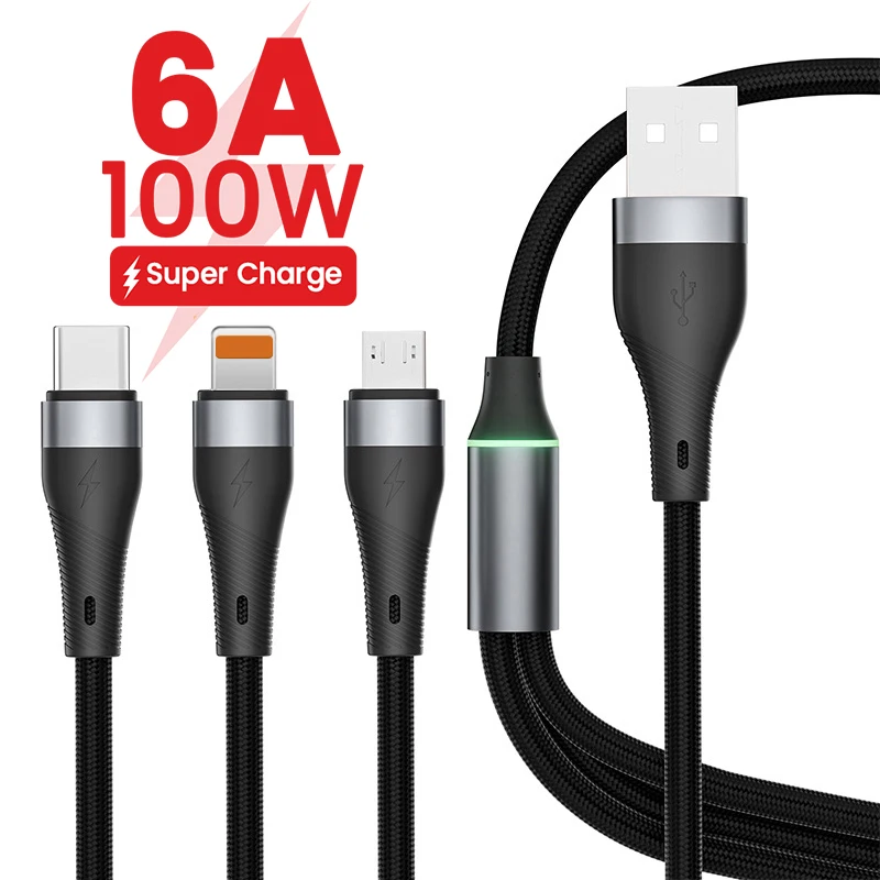 

6A 100W 3in1 Super Charge USB Cable for iPhone 14 13 12 Pro 8Pin Micro Type C Fast Charging Data Cable For Samsung Xiaomi Huawei