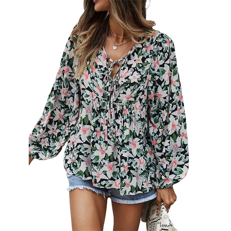 

Women's Shirt, V-Neck Long Sleeve Floral Printed Loose Pullover Tops for Daily Life, Vacation