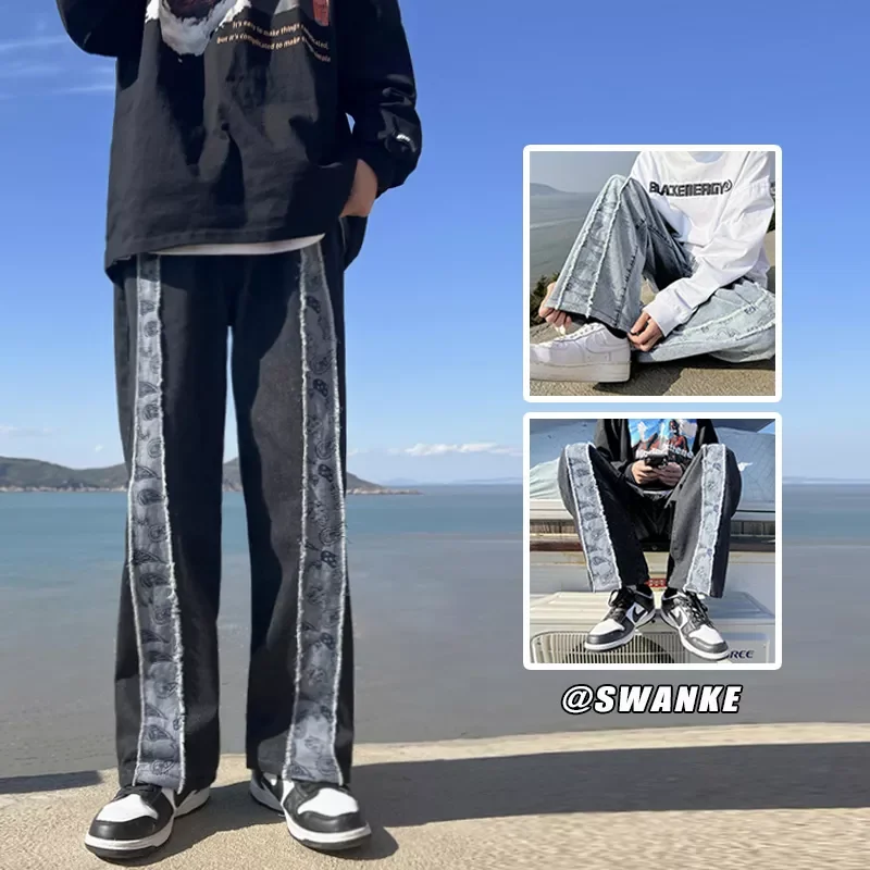 

Мужские джинсы с цветочным принтом кешью, прямые джинсовые брюки в стиле пэчворк, черные мужские джинсы в стиле хип-хоп, нейтральная уличная...