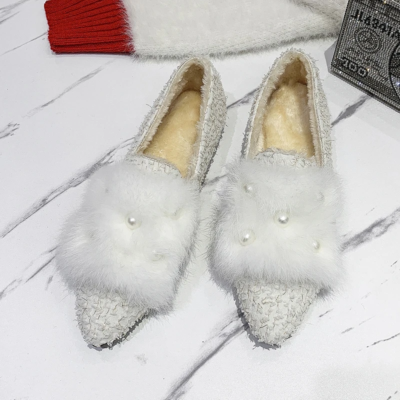 

Flat Women Winter Outdoor Shoes Slip On Furry Loafers Butterfly Knot Fur Slides Female Fluffy Moccasins Chaussure Femmel