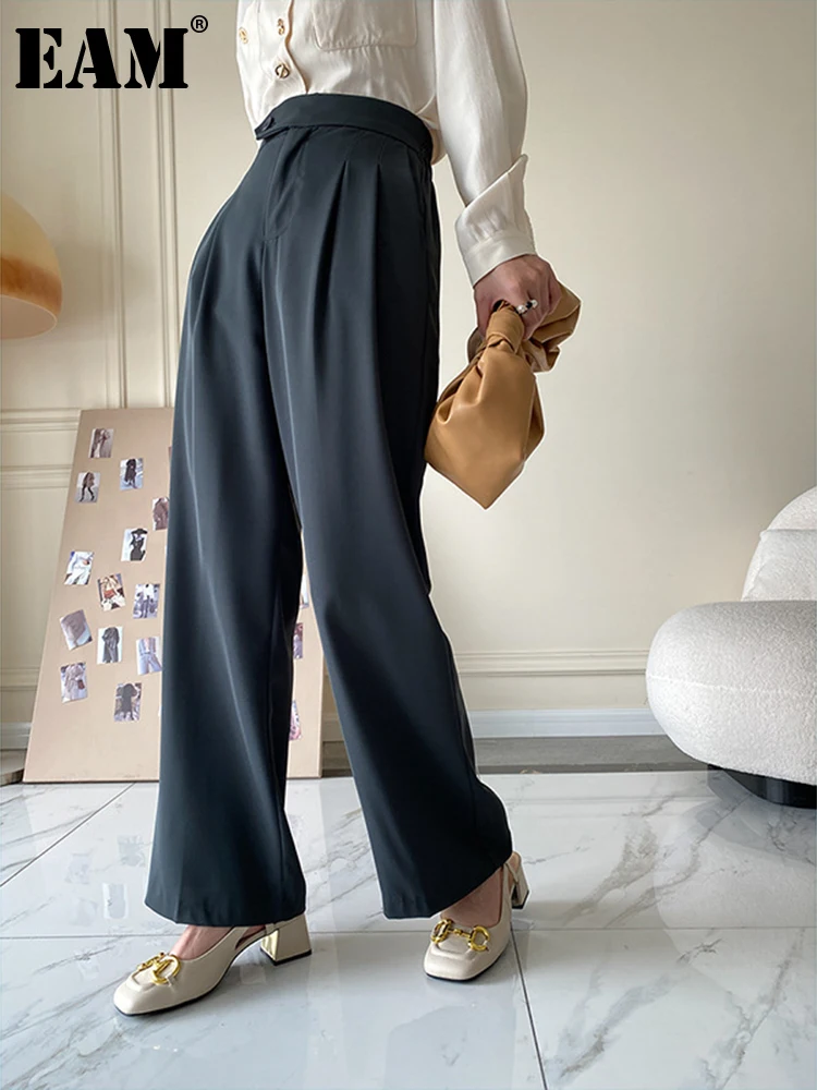 

[EAM] High Waist Beige Brief Long Wide Leg Casual Trousers New Loose Fit Pants Women Fashion Tide Spring Autumn 2023 1DE8847