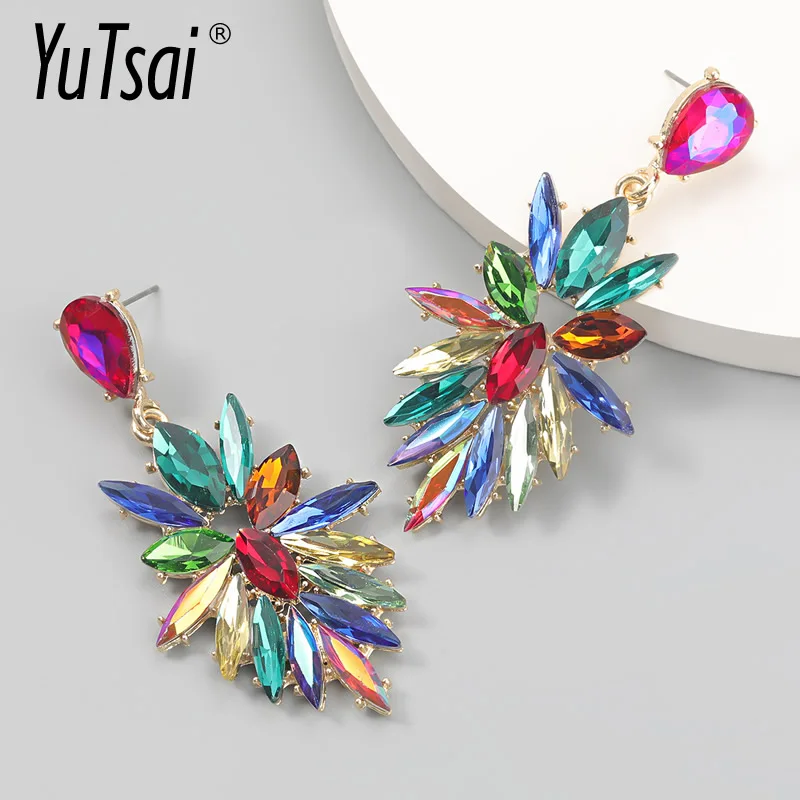 

YUTSAI Fashion Colorful Rhinestone Drop Earrings Boho Floral Earrings for Women Jewelry Gifts YT775