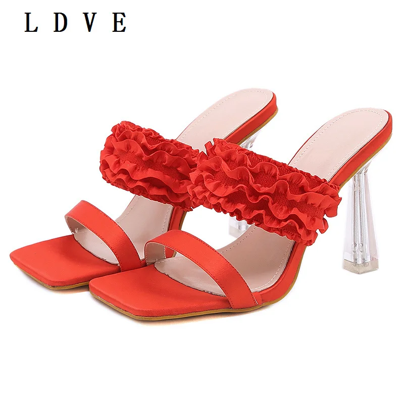 

Women Mules 2022 New Fashion Classics Red Sexy Open Toe Thin High Heel Pleated Ruffles Decoration Slip-on Party Sandals