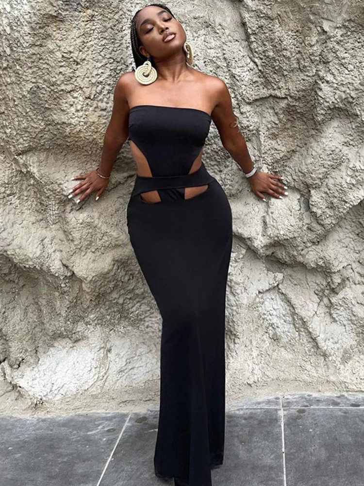 Mikydely сексуальное женское платье макси с лямкой на шее боковым вырезом черные