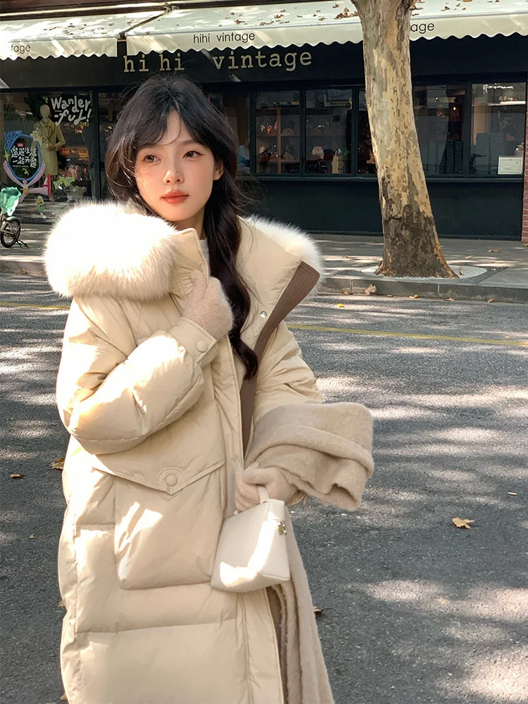 Пуховик с большим лисьим меховым воротником зимняя мода свободный пуховик