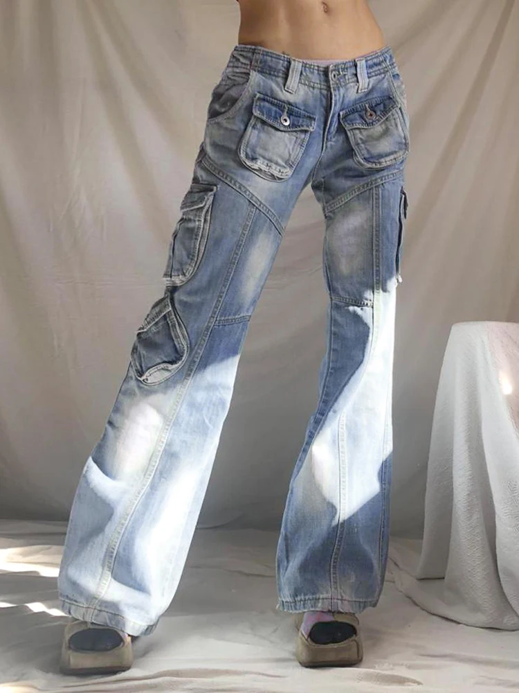 

WeiYao Low Waisted Harajuku Retro Cargo Denim Jeans 2022 Vintage Streetwear Pockets Pants Y2K Aesthetic Punk Flare Trousers