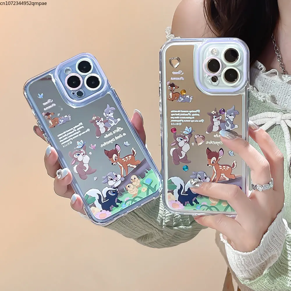 

Luxury Cartoon Cute Disney Bambi Mirror Film Phone Case for IPhone 14 13 12 11 Pro Max 14 Pro Couple Anti-drop Back Cover Gift