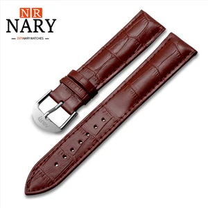 NARY Original Genuine Leather Men's Watch Strap Black & Brown Buckle Belt 5 Sizes