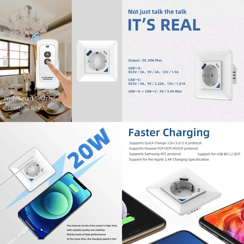 Фото Умная Wi-Fi розетка для встраивания в стену с быстрой зарядкой USB, стандарт ЕС, 16А, с функцией дистанционного управления через приложение №1