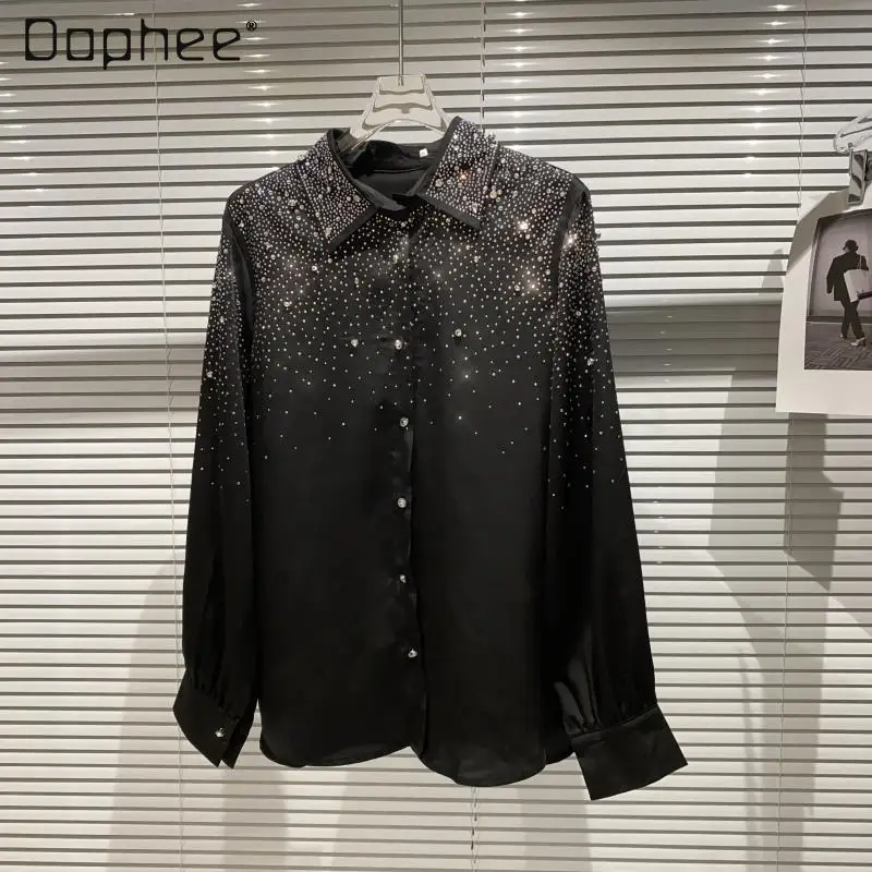 

2021 Autumn Women's Clothing New Fashion Starry Rhinestone Gradient Hot Drilling Mercerized Shirt Loose Long Sleeve Blouse