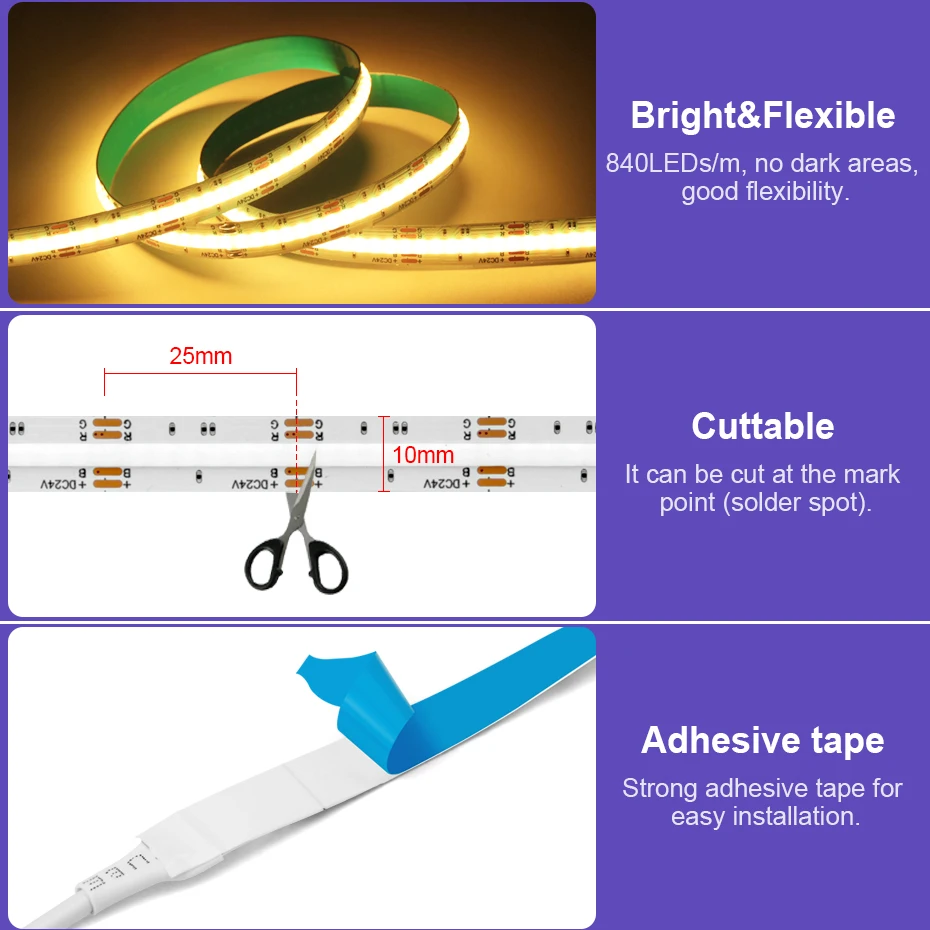 DC24V 840 LED / m COB Светодиодные полосчатые лампы RGB Регулируемый свет Сверхяркий