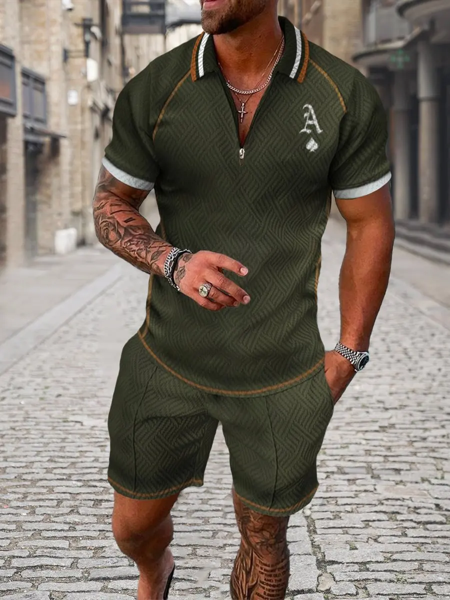

Summer Hawaii Vacation Polo Shirt 2-Piece Green Poker A Men's Beach Sports Suit Male Jogger Tracksuit Clothing Short Pant Set