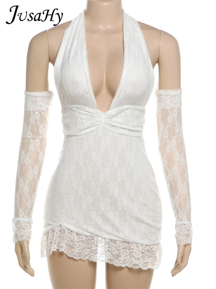 Женское летнее трикотажное кружевное платье Jusahy K24S48155 однотонное с лямкой на шее