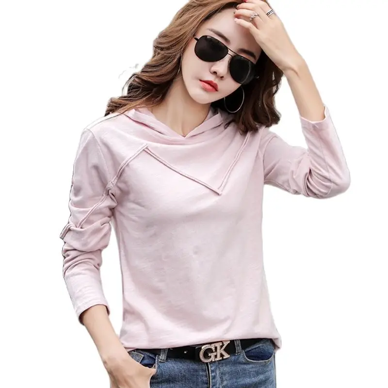 

Spring Long Sleeve Hooded Cotton T-shirts Stripe Patchwork Solid Color Tops Ladies Women Shirts FW2058