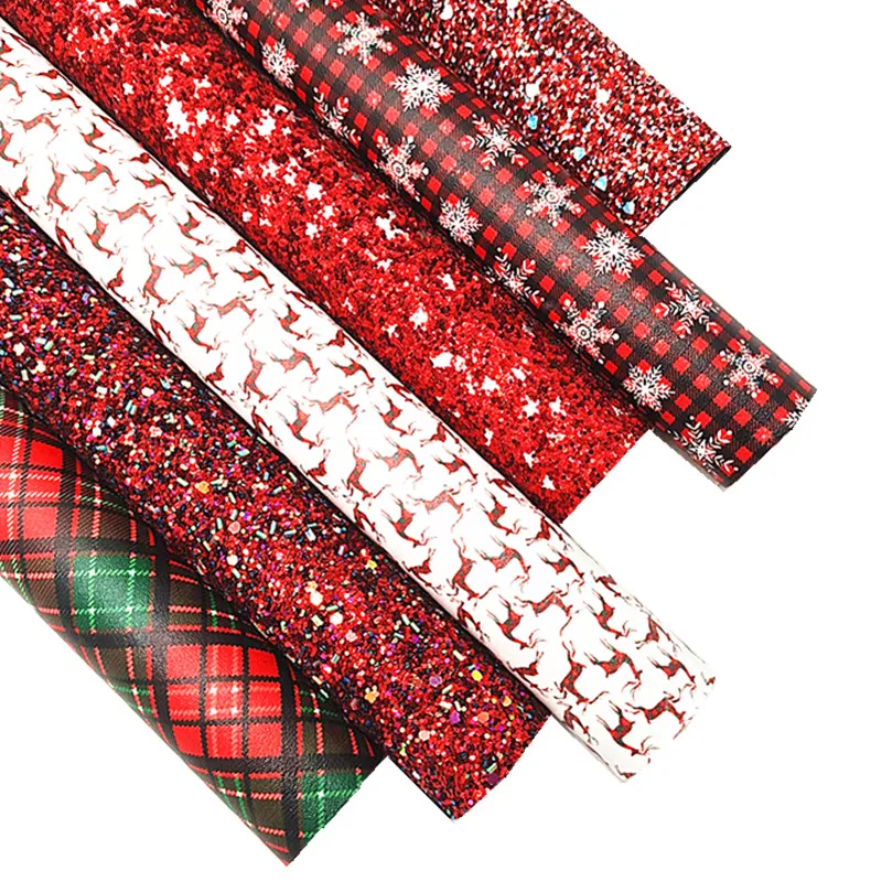 Christmas Faux Leather Sets Tartans Snowflakes Printed Synthetic Leather Red Glitter Leather for DIY Craft 8.2