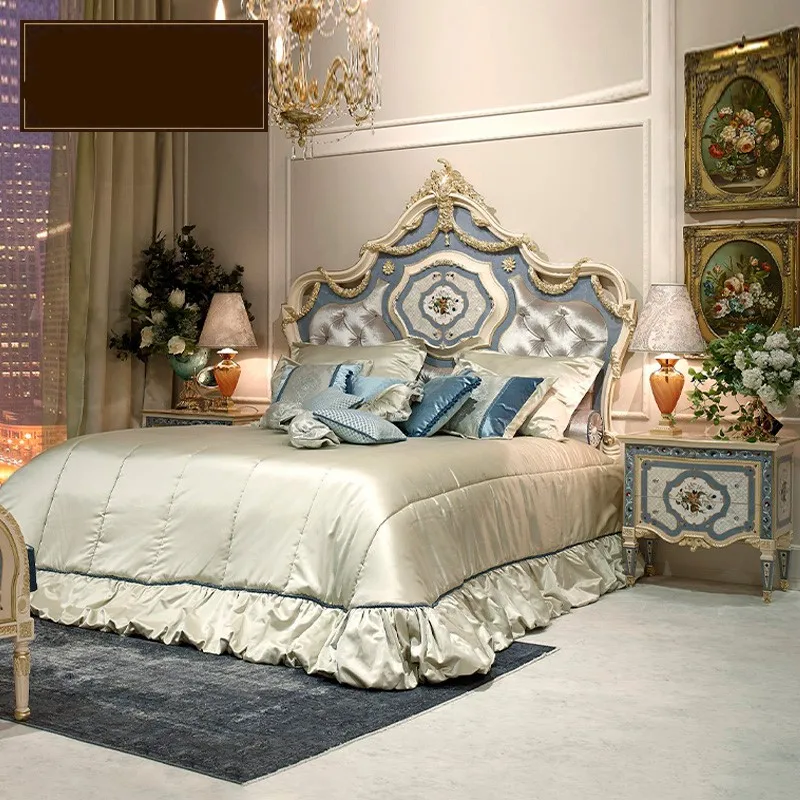 

Европейский стиль, твердая древесина, резная оболочка, ткань, двойная французская принцесса, свадебная кровать, мебель на заказ