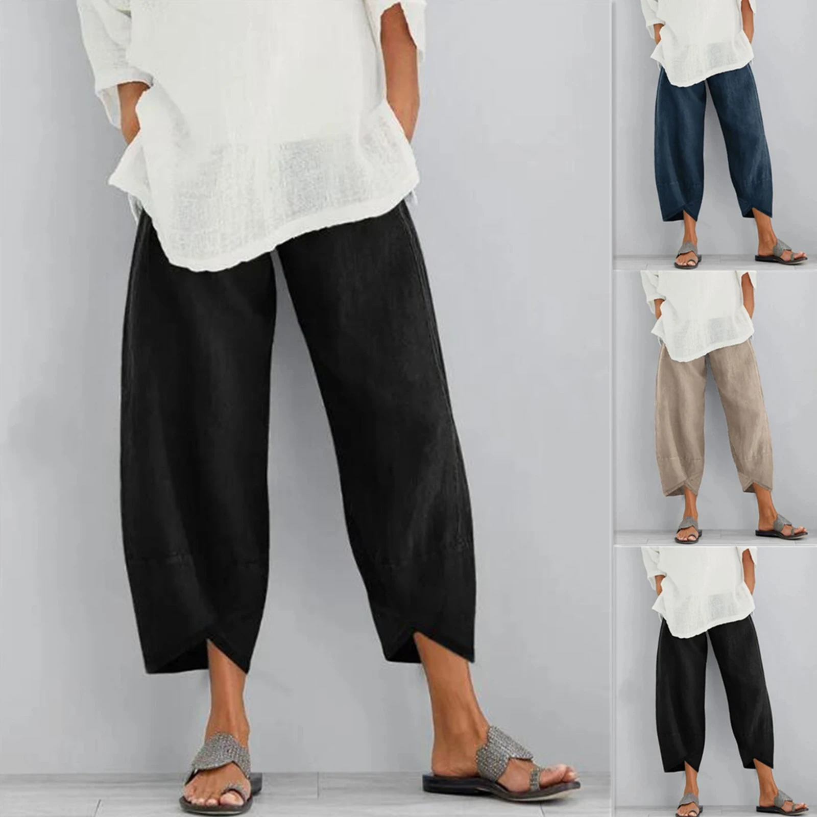 Capri Women's Linen Pants for Women Lounge Pants High Waist Casual Outfits Summer Loose Fit Sweatpants Trousers Streetwear