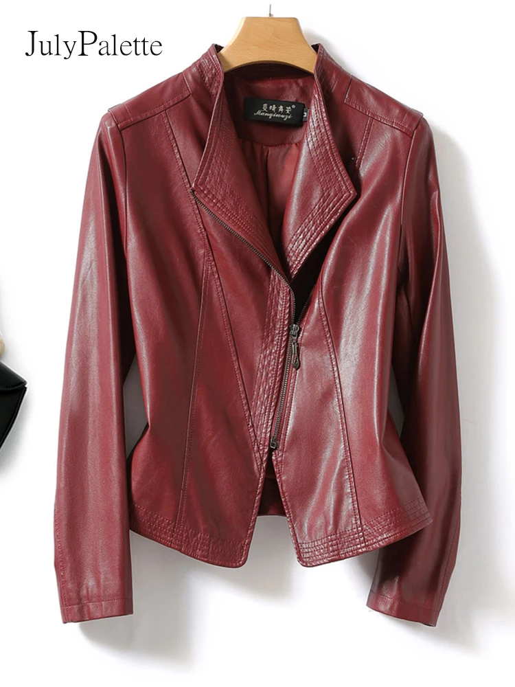 Julypalette Vintage Wine Red Real Leather Jackets 2022 Fall Winter Women's Full Sleeve Slim Genuine Sheepskin Jacket Coats M-5XL