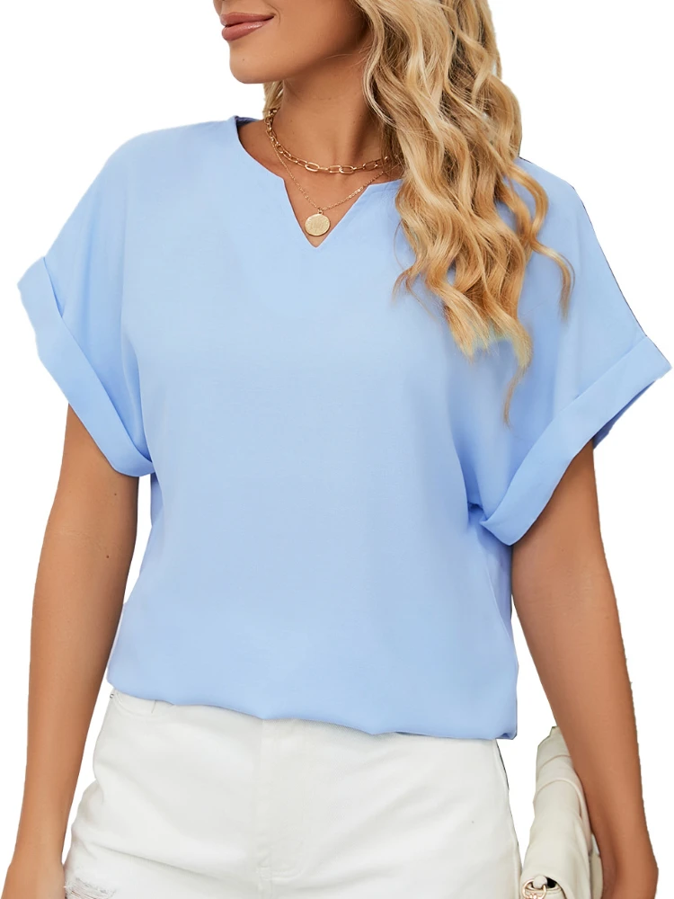

Women Short Sleeve V Neck Solid Chiffon Tops