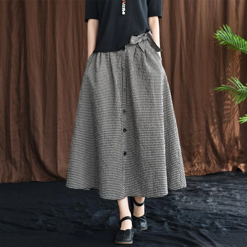 

New Arrival Spring Arts Style Women High Waist Slim Cotton Linen Plaid Long Skirt All-matched Casual Loose A-line Skirt S595