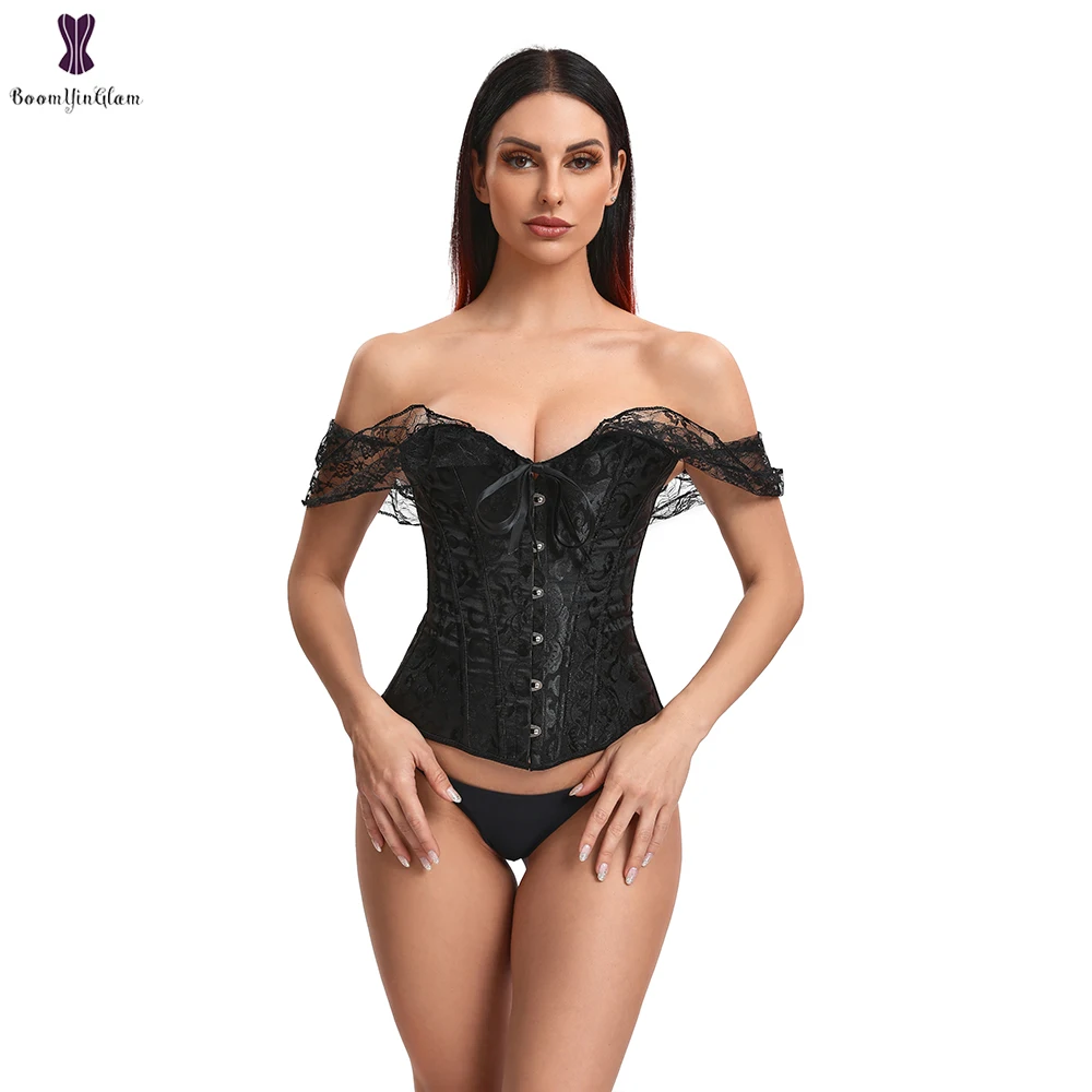 Women Lace Short Sleeve Corset White Black Red Waist Bustier Tops Overbust Korset