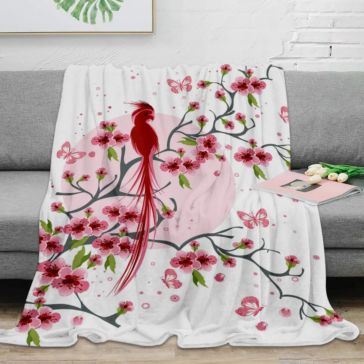 

Розовое одеяло в виде сакуры с птицами, портативное теплое одеяло, одеяло для кровати, домашний декор, одеяло для дивана