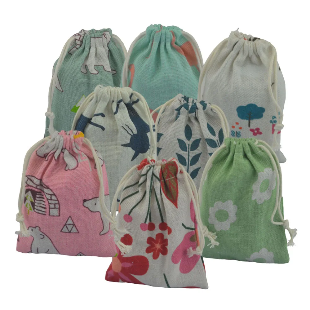 

100pcs Printed Linen Cotton Drawstring Storage Bag Christmas Wedding Party Gift Pouch Portable Travel Cosmetics Organizer