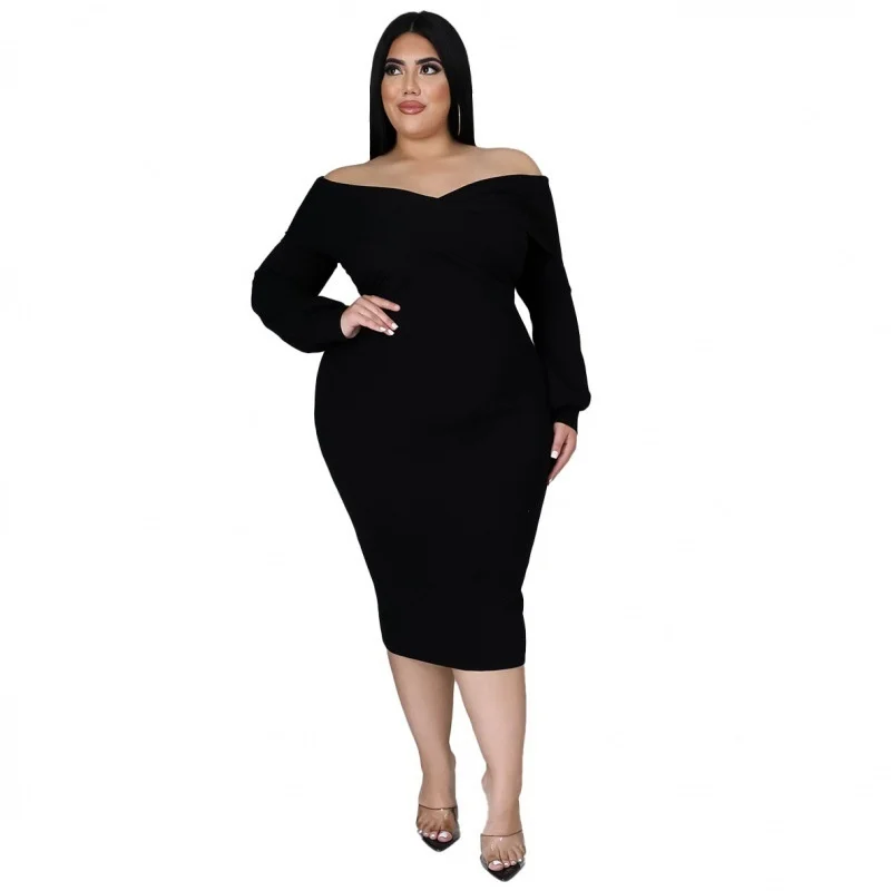 Plus Size Female Dresses Fashion V-neck Solid Color Mid-length Dress Sexy Women Elegant Party Dresses Long Sleeve Large Size