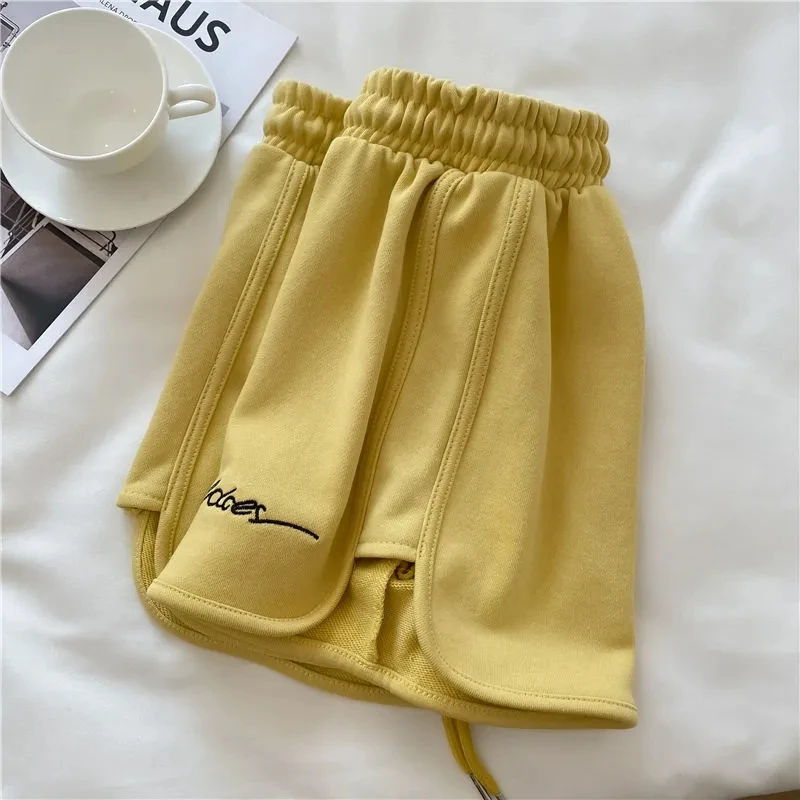 New Women Summer Short Pants Embroidery Letters Drawstrings Elastic Waistband High Waist Shorts Ladies Short Tight Trousers